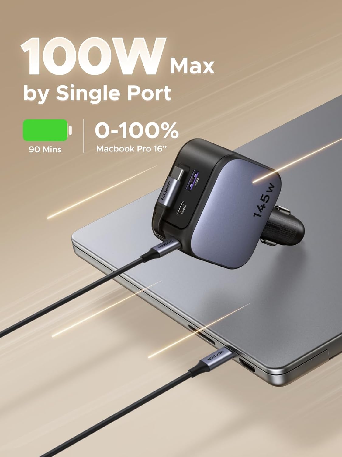 Usb C Cable - UGREEN 145W 3C1A einziehbares Autoladegerät, USB-C-Autotelefon-Ladegerät,